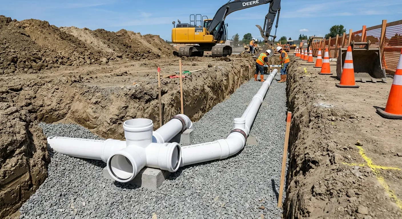 New PVC sewer pipe installation in open trench for Sewer Backup in Massillon