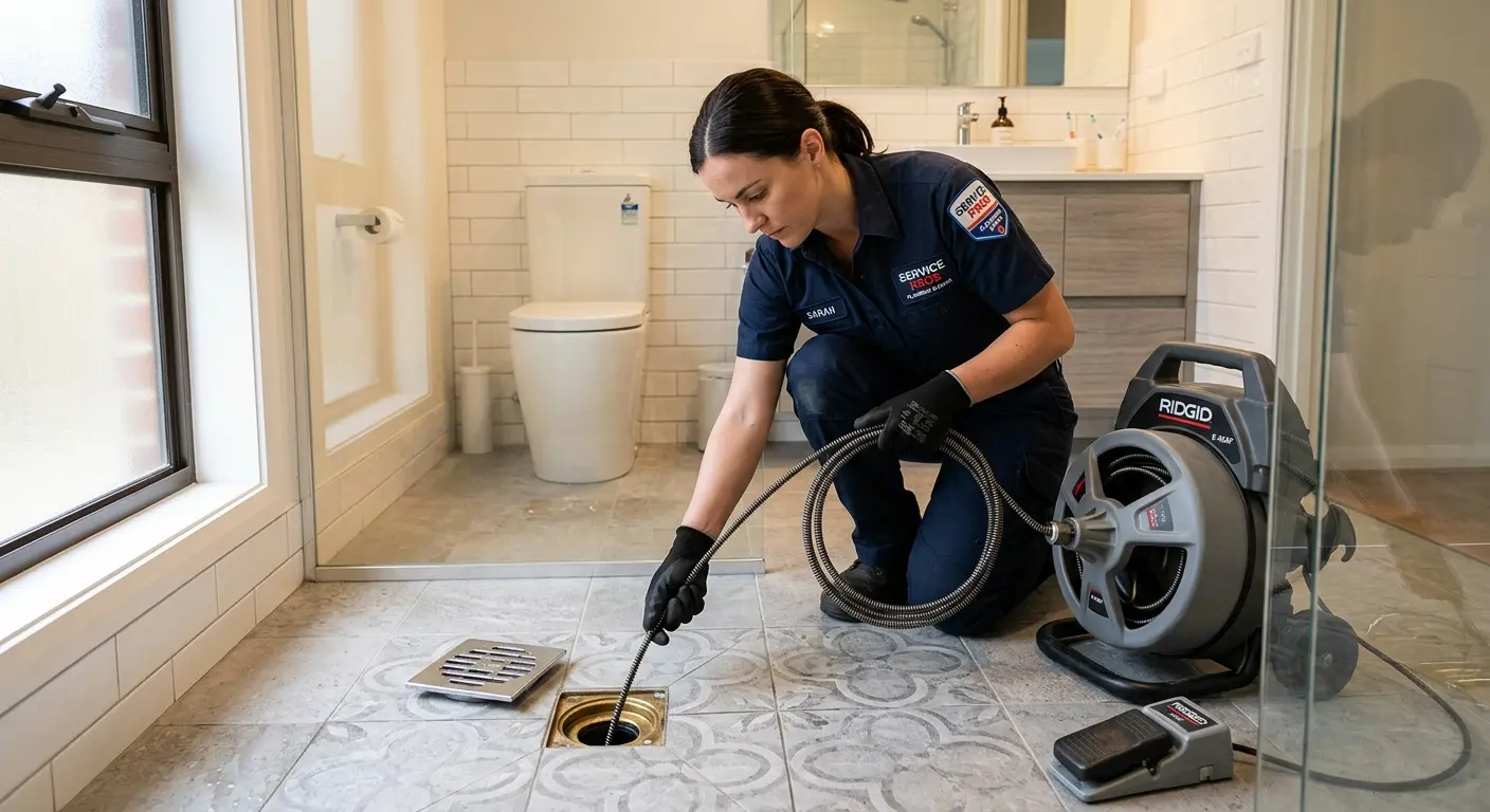 Technician clearing a bathroom floor drain for Clogged Drain Repair in Massillon